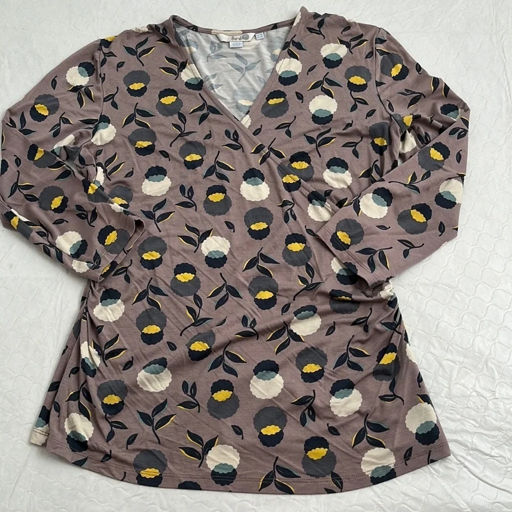 Boden Aubergine multicolor floral stretch faux ruched wrap top